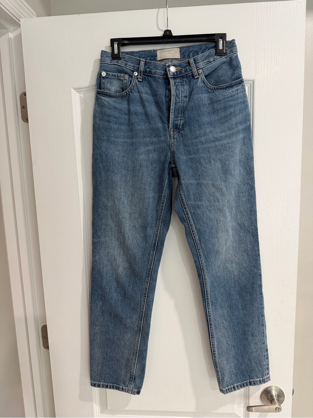 Everlane Medium Blue Button-Fly Jeans with Tan Stitching - Picture 3 of 5